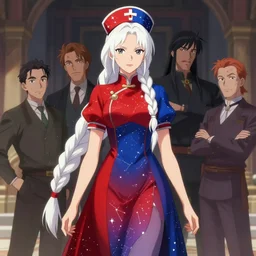 dr. eirin yagokoro is tall female lunarian sage in her late thirties with dark grey eyes and long white hair in large single braid. she wears red and blue two - tone dress decorated with constellations and matching nurse cap, 4 k digital art by ross tran, andrei riabovitchev, marc simonetti, yoshitaka amano, boris vallejo