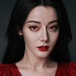 portrait of a woman with long black hair and red eyes, wearing a red dress, 8k, close up shot, detailed face, beautiful, cinematic lighting, film, high quality, depth of field, dark colors,