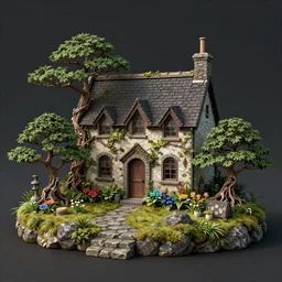 Enchanted Irish cottage in a Bonsai garden, richly colored ominous fantasy by Tang Sin Yun, featured on artstation, 3D, digital art, insanely detailed, octane render, unreal engine