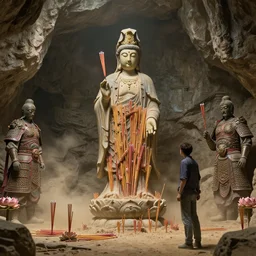craig mullins and ghibli digital illustration of a statue of guanyin full of joss sticks, in a stone cave, dust ， surrounded by joss sticks, lotus, chinese armor, shield, unreal engine, hyper realism, realistic shading, cinematic composition, realistic render, octane render, detailed textures, photorealistic, wide shot