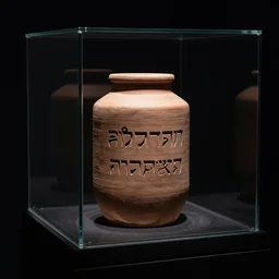 a photo of a square glass case holding a cylindrical clay jar with two sentences of nabeatean aramaic, dark, brooding, atmospheric, volume lighting