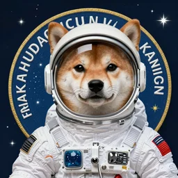 Shiba Inu cosmonaut wearing helmet,  60s soviet space round mission patch