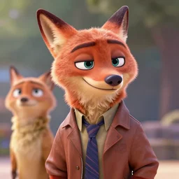 3 d render, portrait, anthropomorphic fox, male, in a brown leather maxi jacket, in the style of zootopia, closeup