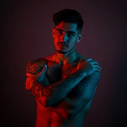 a beautiful young man has colorful tattoos on his arms. the tattoos glow. beautiful. dark room