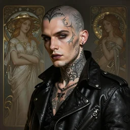 a handsome man, shaved head, tattoos, gothic, intricate, elegant, dramatic lighting, gorgeous face, black leather jacket, highly detailed, lifelike, photorealistic, digital painting, artstation,  illustration, concept art, smooth, sharp focus, art by John Collier and Albert Aublet and Krenz Cushart and Artem Demura and Alphonse Mucha