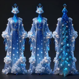 3 d character sheet of a starry blue fox peacock druid wearing magic imbued mage robes made from clouds with fairy lights inside the clouds to resemble stars, cloud mage robes, dungeons and dragons, fantasy art, in the style of the dragon prince on netflix