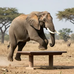 an elephant jumping down a table,