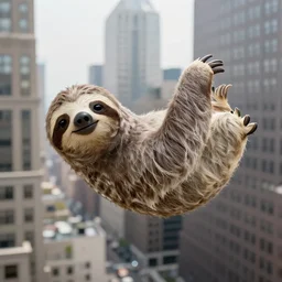 a city-sized sloth flying over downtown