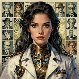 portrait illustration of a steampunk doctor. beautiful feminin face, almond upturned eyes. dark long wavy hair. detailed, art nouveau, pop art, comic book style. influenced by neil gaiman, h. p. lovecraft, rebecca gruay, raymond swanland, frank miller, dave gibbons, voitv, eyardt, jordan grimmer.