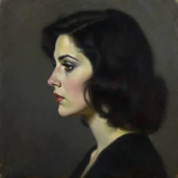 portrait profile of one mysterious dark beautiful women in 1 9 7 8, femme fatale, oil painting by john watkiss