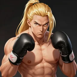 facial portrait of a furious beautiful thick muscular fitness model mai shiranui wearing boxing gloves, roided face, blonde hair and ponytail, elegant, art by stanley artgerm lau wlop rossdraws james jean andrei riabovitchev marc _ simonetti and sakimichan tranding on artstation