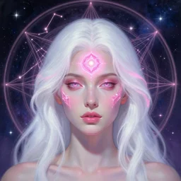 beautiful woman with glowing white hair, crystal pink geometric energy third eye, sci - fi face, constellation geometry space mandal background, breathtaking stars, elegant, highly detailed, digital painting, artstation, concept art, smooth, sharp focus, spiritual art, art by artgerm and greg rutkowski and alphonse mucha, psychedelic, illustration, painting oil, portrait, digital art, overdetailed, art, concept