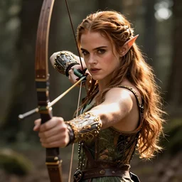 emma watson as a wood elf, hunting with a bow