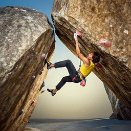 high - definition shot of a boulderer jumping dynamically between holds. award - winning artwork by salvador dali and beksinski