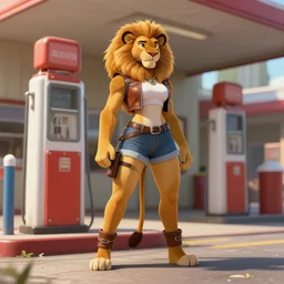 wide angle beautiful full body portrait of a strong female anthropomorphic anthro lioness fursona biker at an old gas station. character design by disney, anime, manga, charlie bowater, ross tran, artgerm, and makoto shinkai, detailed, soft lighting, rendered in octane