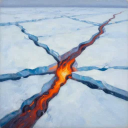 beautiful painting of an ice floe meeting magma in the middle, textured, skewed perspective
