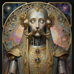 1 9 6 9 hippy robot, dmt, large metal mustache, muted colors, benevolent, nebula background, glowing eyes, detailed realistic surreal retro robot in full regal attire. face portrait. art nouveau, visionary, baroque, giant fractal details. vertical symmetry by zdzisław beksinski, alphonse mucha. highly detailed, realistic