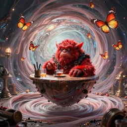 a terrifying red dwarf serving grog at a fantastical pub, floating cloth whirlpool, butterfly hard lighting ethereal horror fantasy art by and hajime sorayama, yukito kishiro, raymond swanland and monet, ruan jia, by wlop