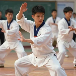 high school uniform dynamic tai chi master handsome features young man, attractive face, black eyes, good looking, expert proportions, high details, colorful palette, masterpiece, sakimi, shintaro kago, ilya kuvshinov, loish, ruan jia, james jean, volumetric shading illumination, ambient light