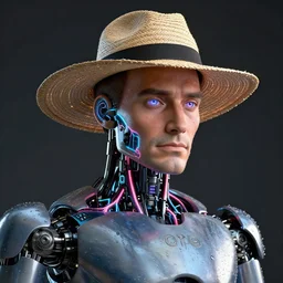 ultra realistic studio shot of a robot silvio berlusconi with straw hat has neon veins, cinematic, wet reflections, liflike, unreal engine 5, octane, smooth, rtx, ray tracing, hyper detailed, hyper realism, fantasy