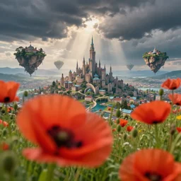 poppy close up, whimsical islands in the sky, close up sprawling fantasy city, storm clouds, god rays, flowers close up in foreground, max rive, 4 k, instagram, landscape, hdr