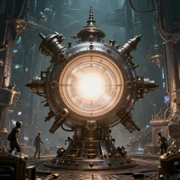 teleportation machine in a steampunk world, with people using it to travel the world, the machine is a large metal contraption with a bright light in the center by ed roth