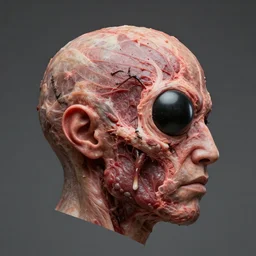 human head mutation into an insect head, half - profile shot, meaty