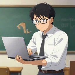 buff math teacher with glasses gets ready to fight with a chromebook in his hand, anime, epic, detailed
