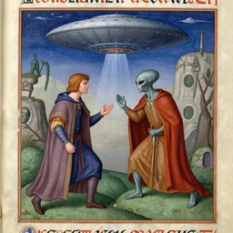 First contact with grey aliens, medieval art, illuminated manuscript, historical, colored, detailed, masterpiece, flying saucer visible in the background