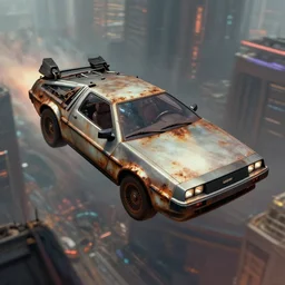 a rusty corroded futuristic dieselpunk delorean flying through a cyberpunk city, 4 k, concept art, wadim kashin, john berkey