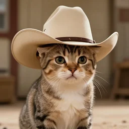 film still of the kitten wearing the cowboy hat in the 1 9 8 0 s american comedy movie, the cats won the west, 4 k