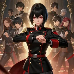 highly detailed portrait of beautiful girl with anime features wearing black and red military uniform, detailed hands, dynamic pose, stephen bliss, unreal engine, fantasy art by greg rutkowski, loish, rhads, ferdinand knab, makoto shinkai and lois van baarle, ilya kuvshinov, rossdraws, tom bagshaw, global illumination, radiant light, detailed intricate environment