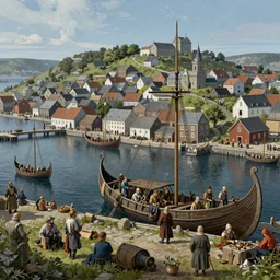 a viking busy capital city with a harbor and viking ships in summer, lush vegetation, vikings, trading, ultra detailed, realistic, lost civilizations, masterpiece, 4 k, highly detailed, digital painting, artstation, concept art, sharp focus, illustration, art by j. c. dahl, hans gude and adolph tidemand