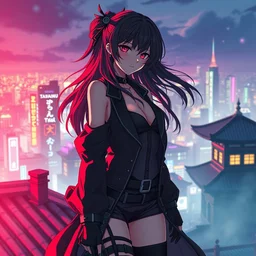 isekai bombshell femme fatale anime assassin on japanese rooftop, stylized, beautiful lineart, depth focus, rankings pixiv, artstation, chromatic aberration, soft lighting, srgb, 4 k artstation, hdr, cinematic. epic, somber lighting, atmospheric volumetric lighting perspective, colorful light terminator