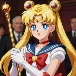 president of belorussia, alexander lukashenko with golden long wand in his hands in anime style, sailor moon, anime, perfect faces, fine details