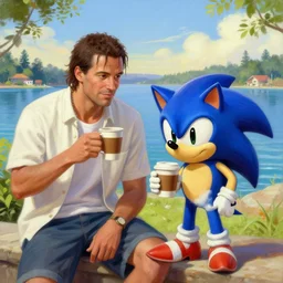carl johnson from grand theft auto san andreas and sonic the hedgehog enjoying coffee near the t 8 0 0 from terminator, wearing summer clothing, near a beautiful lake. pixiv, masterpiece, wlop, oil painting, ranked on artstation