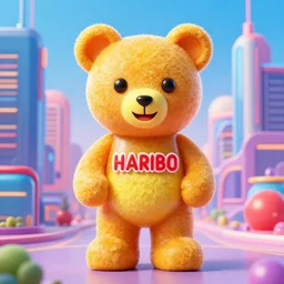 portrait of haribo bear in future city, color and shape