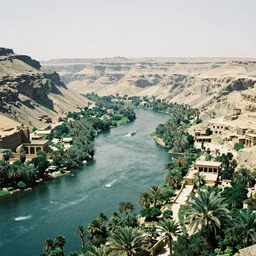a lush green and ancient Egyptian valley along the nile river, 35mm photography
