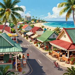 a quaint fijian island town, street, shops, restaurant, street - level view, bicycles, view of ocean in the distance, digital illustration, vibrant color, art by artgerm + pixar, trending on artstation, intricate, amazing detail, concept art, sharp focus, octane render, unreal engine, cinematic lighting