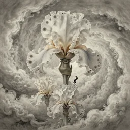 divine chaos engine by karol bak and ruan jia and vincent van gogh, desaturated warm neutral colors, iris van herpen visionary dreamscape, symbolist, james jean spiraling clouds, imagination, daydreams and nightmares, otherworldly, ethereal, fractal lace