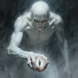an immense beautiful terrifying pale humanoid giant grasps a tiny human in its hand. ethereal horror fantasy art by greg rutkowski