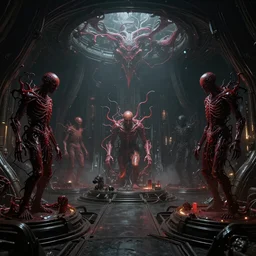 scorn themed dark sci - fi biomechanical space ship interior, inside the organic mutation chamber, grotesque crimson figures, ethereal, ominous, dramatic cinematic lighting, volumetric 8 k, cryengine, by greg rutkowski, h. r. giger and zdizslaw beksinski, elden ring