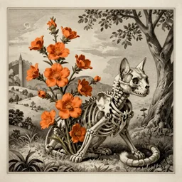 albrecht durer, albrecht altdorfer, hans holbein, lucas cranach, gustave dore, engraving-style tattoo of orange blossoms growing out of a cat skeleton