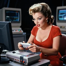 a still of Bettie Page playing with a NES controller, in the movie 2001 A Space Odyssey, highly detailed and intricate, cinematic lighting, 4k HDR