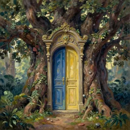 an alluring magical door in a large oak tree, by jacques - louis david, by greg rutkowski, by zdzisław beksinski, by josep tapiro baro, trending on artstation, featured on pixiv, masterpiece, oil on canvas, cinematic composition, dynamic beautiful lighting,