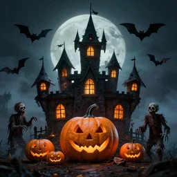 halloween scary castle, dark theme, reliastic, pumpkin, bats and zombies, 4 k hd