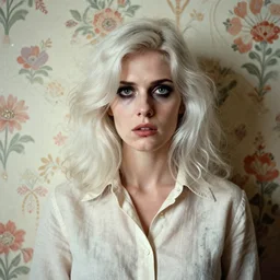 a beautiful but sinister woman in layers of fear, wearing a linen shirt, with haunted eyes and big platinum hair, 1 9 7 0 s, seventies, floral wallpaper, delicate embellishments, a little blood, painterly, offset printing technique, by jules bastien
