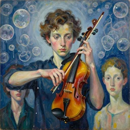 portrait of a young violinist focusing and violin hanging in air painted by vincent lefevre and hernan bas and tracey emin and pat steir and hilma af klint, psychological, symmetrical face, dripping paint, washy brush, background with hundreds of bubbles by andreas gursky, rendered in octane, altermodern, masterpiece