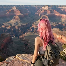 a young woman with long pink hair looking at grand canyon, hiking clothes, tank top, backpack, arizona, grand canyon in background, cinematic, beautiful, stunning, morning, epic, 8 k