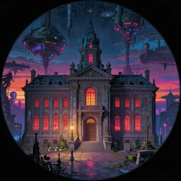 a beautiful detailed painting of building courthouse by albrecht durer, fisheye studio ghibli vaporwave nature at night lightpaint neon noir anime at dusk alien futuristic evil cyberpunk venus at dawn postcyberpunk darkacademia scumm bar cgsociety landscape sci - fi sleet water azeroth, archdaily, wallpaper, highly detailed, trending on artstation.